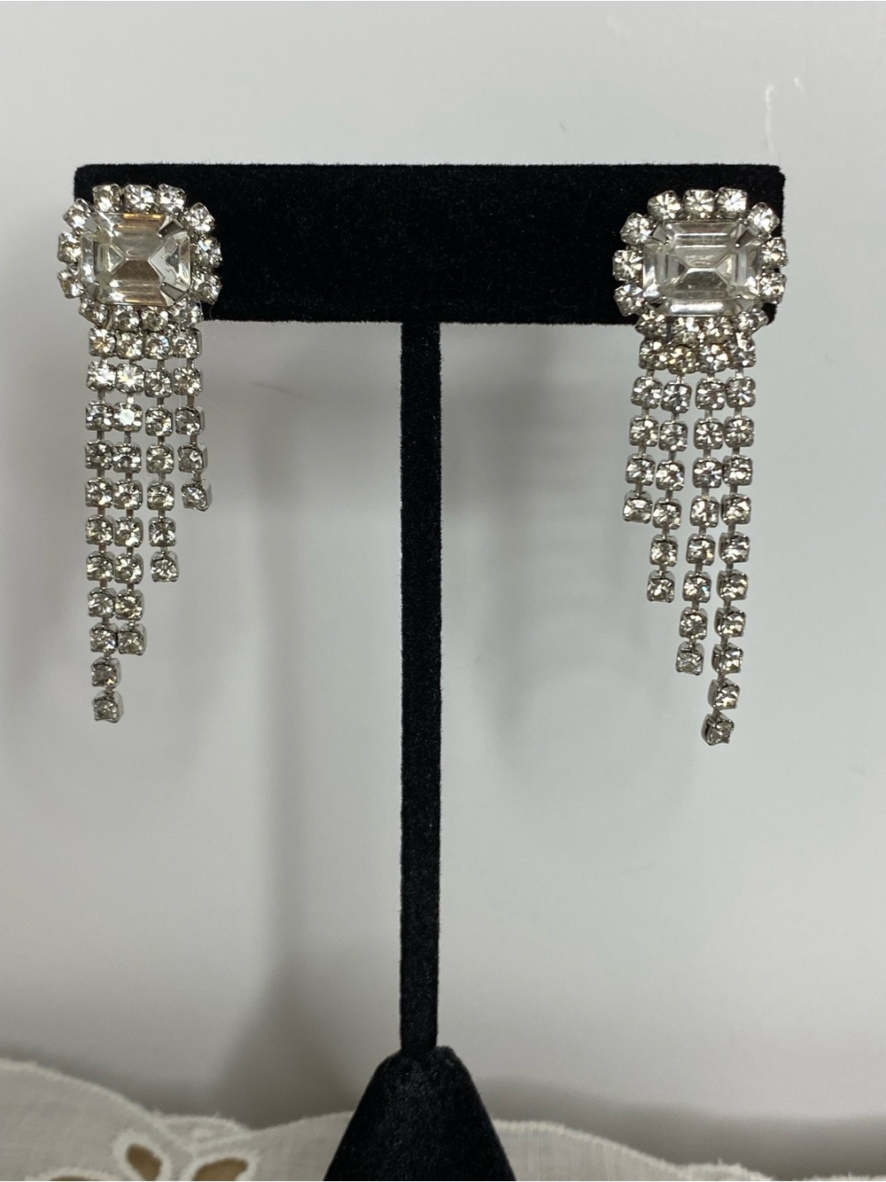 Vintage Clear Rhinestone Chandelier Pierced Earrings Emerald Cut Fringe Dangle